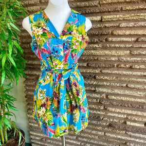 Mlle Gabrielle Blue Hawaiian Print Mini Cotton Shirt Dress Size Small Read